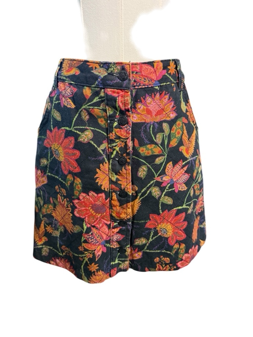 Farm Rio x Anthropologie Quilted Mini Skirt Black Floral and Birds Size M